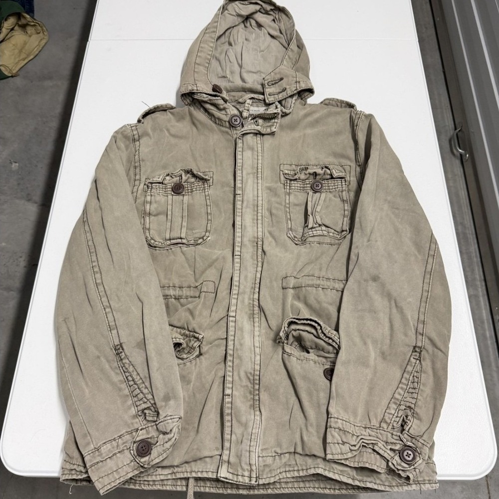 Aeropostale Field Jacket Mens Large Khaki Good Hooded Cotton Utility Coat